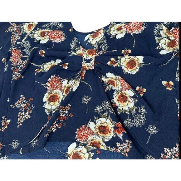 Nylon Apparel Dark Blue Floral Print Flowy Kimono Sleeve Shirt Size Medium - Picture 7 of 10